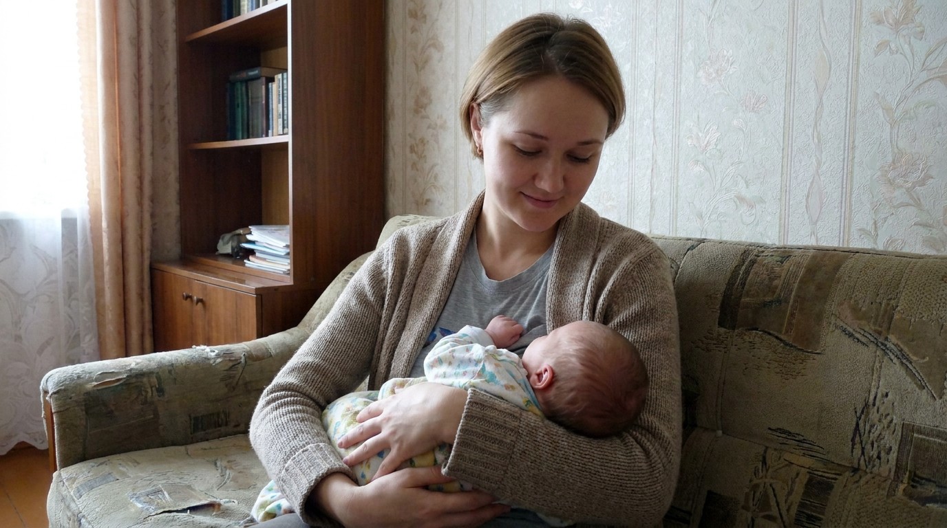 Женский персонаж с новорождённым на диване, свет из окна слева