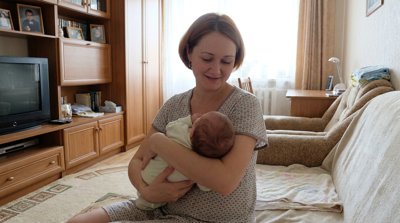 Женский персонаж с новорождённым в комнате с деревянной мебелью