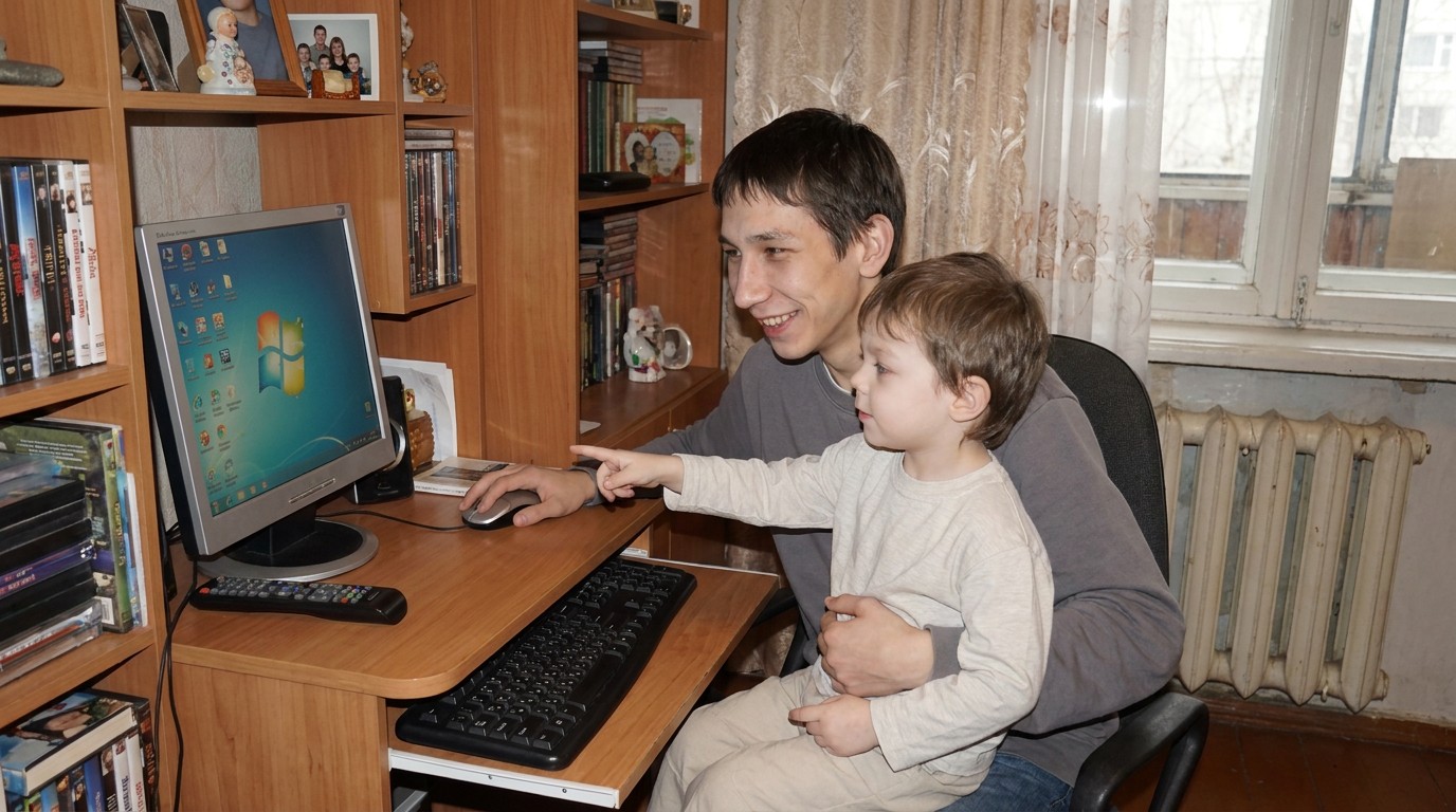 Персонажи улыбаются у компьютера