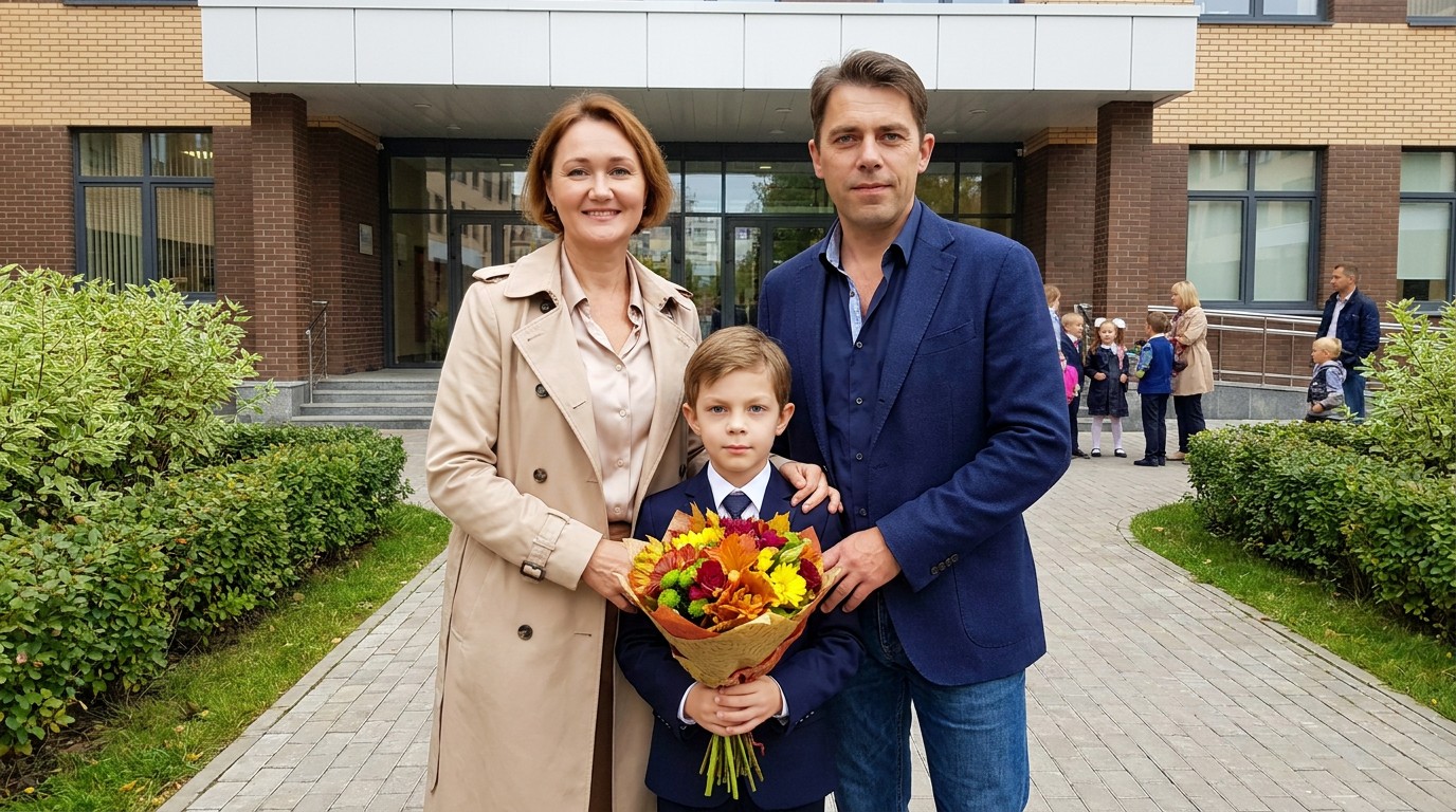 Семейная фотография у школы с осенним букетом